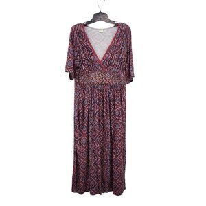 Poetry Women's Mosaic Print Beaded V-neck Linen Blend Maxi Dress - 10